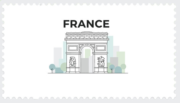 Postage stamp illustration of the famous arc de triomphe monument in paris with the text france on a light gray background.