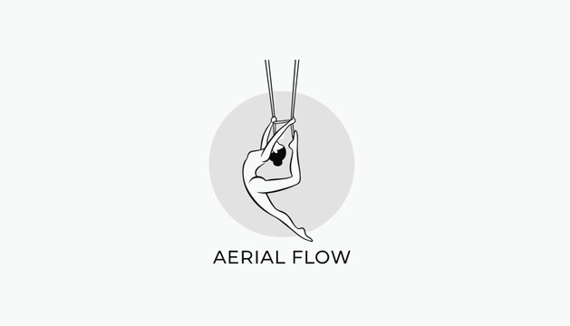 Minimalist circle logo design for aerial flow acrobatics featuring a graceful female figure on a trapeze bar.