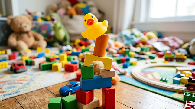 Yellow rubber ducky balanced atop a colorful tower of wooden building blocks in a child's play area