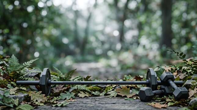 Barbell and dumbbells in forest. Outdoor fitness equipment for strength training workout.