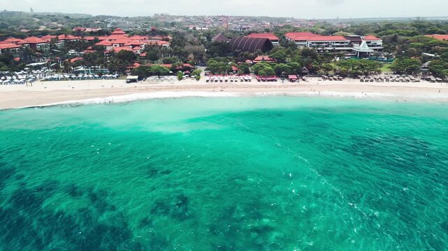 Aerial drone view of Nusa Dua coastline in Bali on a cloudy