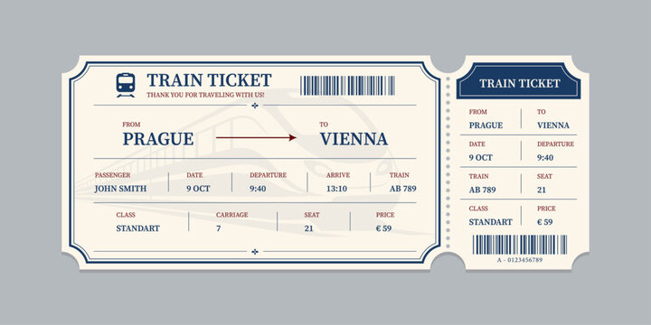 Vector flat train ticket template with passenger information and trip.