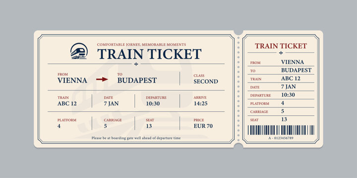 Vector flat train ticket template with passenger information and trip.