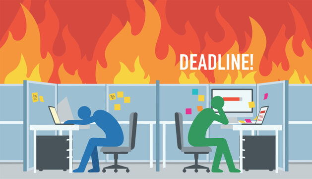 Office cubicle scene with stressed employees working on computers under a burning fire sky with text saying deadline.