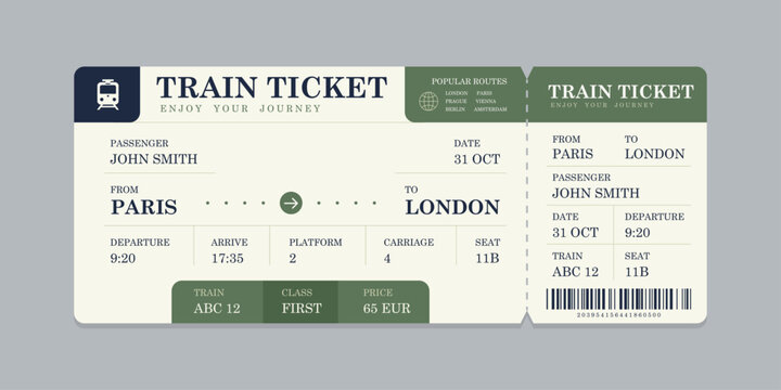 Vector flat train ticket template with passenger information and trip.