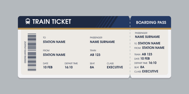 Vector flat train ticket template with passenger information and trip.