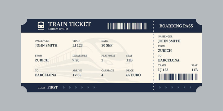 Vector flat train ticket template with passenger information and trip.