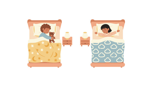 Cute little boy and girl sleeping soundly in separate beds with soft nightstand lamps in a flat cartoon style.