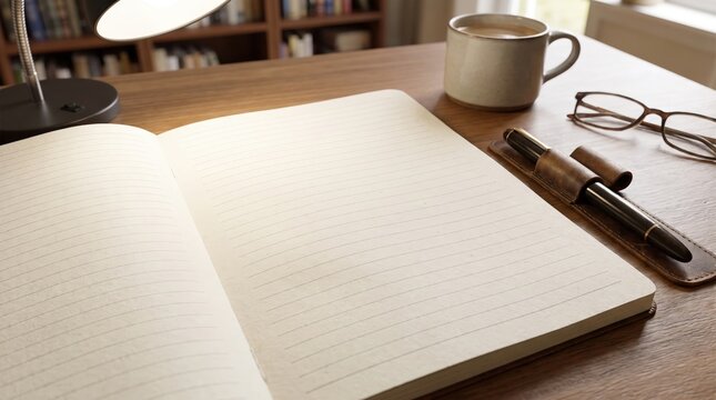 Open lined notebook on a wooden desk for journaling, study notes, creative writing, daily planning and organized ideas.