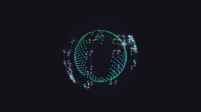 Digital globe consisting of glowing dots and connecting lines rotating in dark background animation.