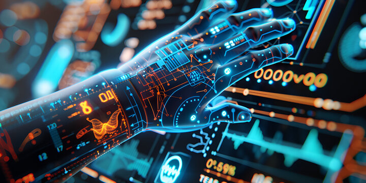 Robotic Arm With Digital Data Interface | AI Automation and Future Technology Concept | Cybernetic Hand Working With Code and Analytics