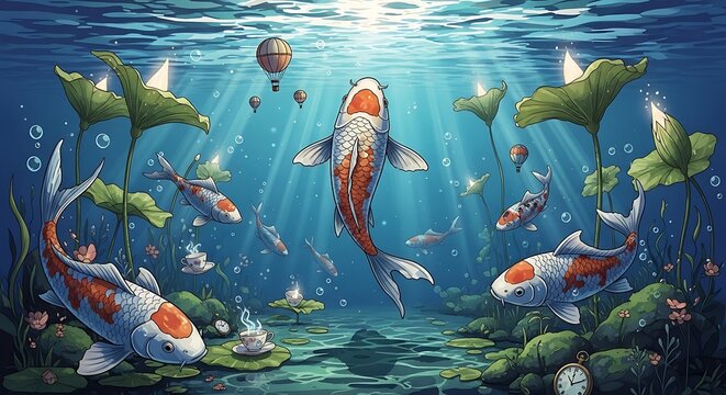 Surreal underwater scene featuring giant koi fish and tea party