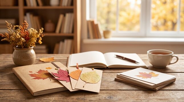 Autumn greeting cards and paper goods displayed in a creative home studio, seasonal stationery, small business products and fall gifting.