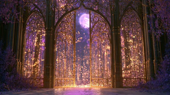 Ornate gothic iron gates opening to glowing enchanted forest, full moon, vibrant purple gold lighting situated under twilight night canopy