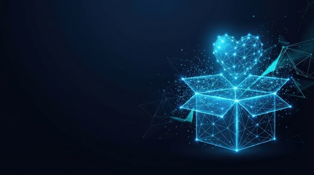 Digital illustration of interconnected geometric shapes forming a heart atop a network box, glowing blue lines, dark background, futuristic, abstract tech design.