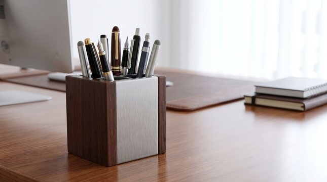 Pen holder with writing instruments on a modern office desk, organized stationery, productive business workflow and professional workspace.