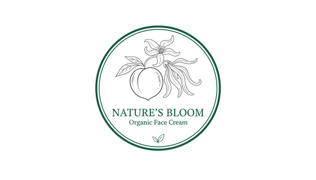 Circular organic face cream logo design featuring a line art sketch of a fresh peach and delicate flowers.