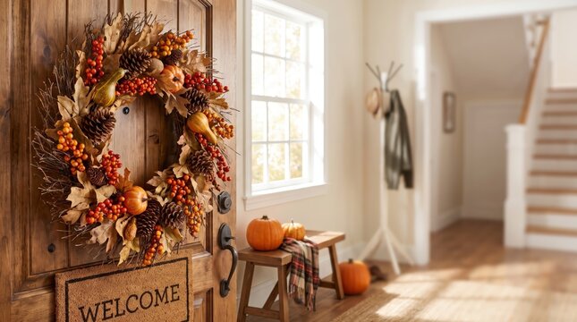 Autumn wreath decorating a wooden front door, seasonal welcome, Thanksgiving home decor, fall curb appeal and festive entrance styling.
