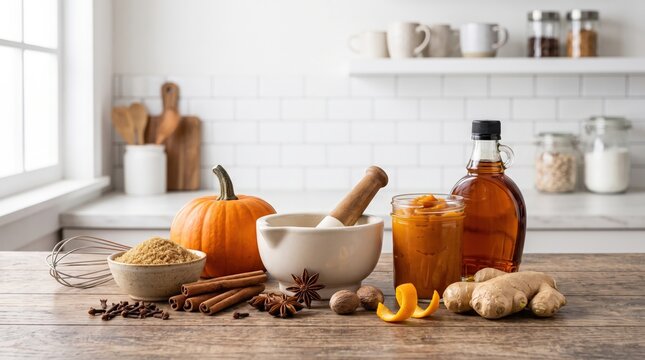 Pumpkin spice ingredients and autumn beverages arranged in a cozy kitchen, seasonal baking, family recipes and harvest entertaining.