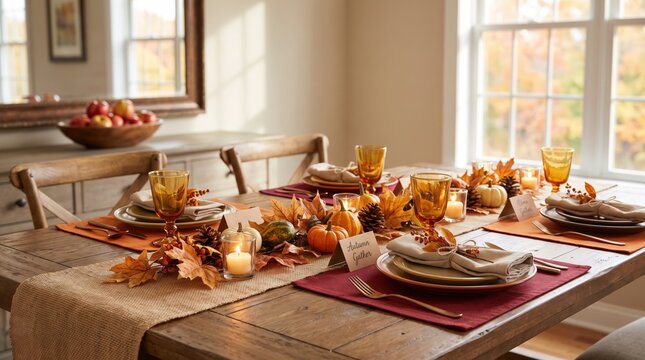 Elegant Thanksgiving dining table with pumpkins, candles and autumn place settings, family gathering, harvest celebration and seasonal entertaining.