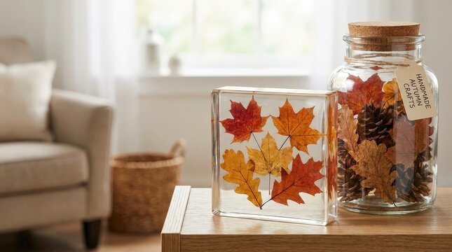 Pressed autumn leaves preserved in clear resin coasters for seasonal crafts, handmade gifts and fall home decoration.