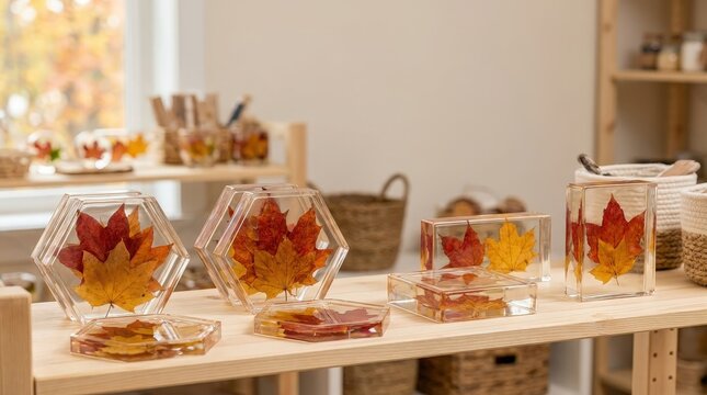 Pressed autumn leaves preserved in clear resin coasters for seasonal crafts, handmade gifts and fall home decoration.