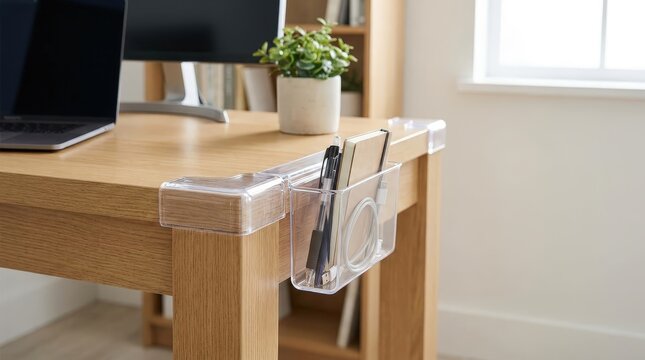 Transparent corner protector installed on a wooden table for child safety, furniture protection, family home care and accident prevention.