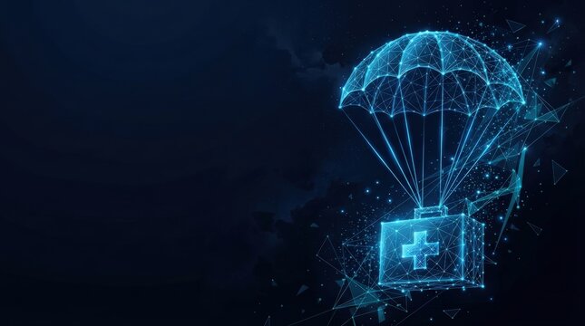 Digital illustration of a medical cross symbol parachuting under a glowing canopy, futuristic tech elements, dark background, studio lighting, professional composition.