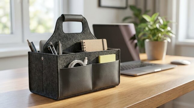Portable office organizer bag holding stationery and mobile devices, efficient remote work setup, business travel and workspace organization.