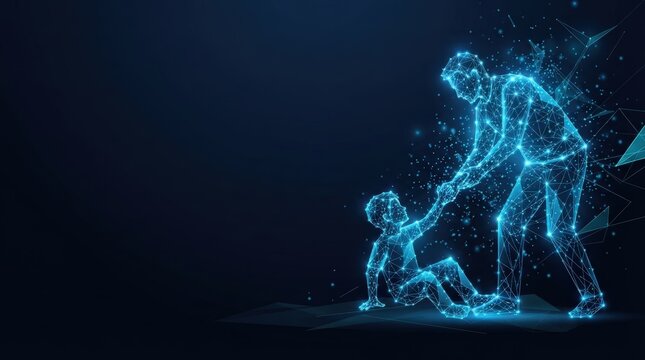 Illuminated digital art of adult assisting kneeling child to stand, glowing blue lines, dark background, uplifting mood.