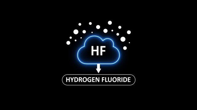 Hydrogen fluoride chemical formula infographic animation: hf molecule concept for science and industrial education