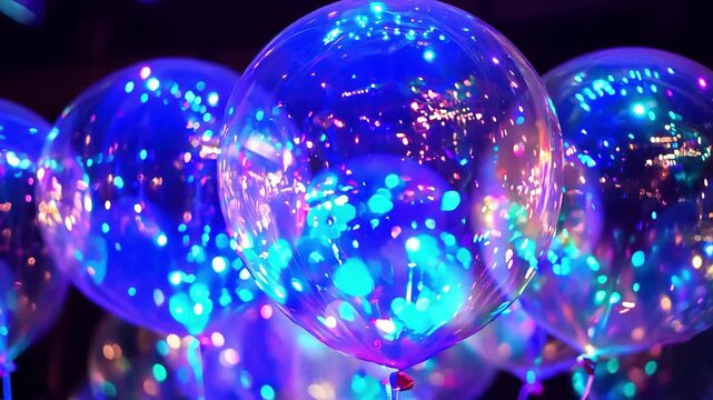 Transparent glowing balloon with sparkling light inside on dark background, festive neon party decor