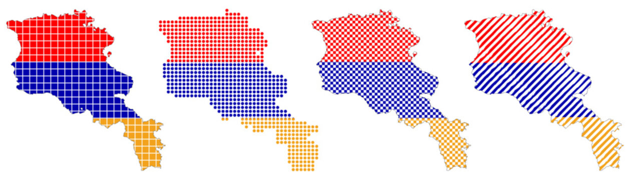 Armenia map collection with flag filled grid dotted halftone checkerboard and diagonal stripe patterns vector illustration