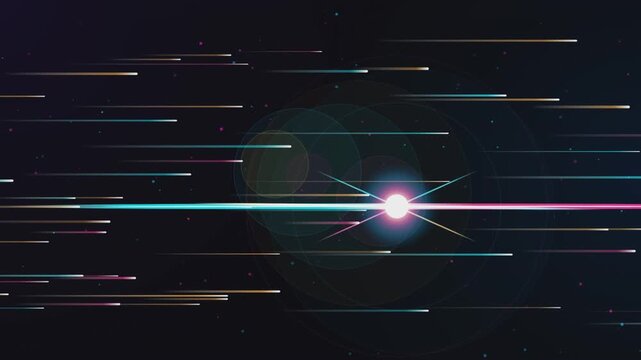 Abstract space warp motion background with bright star flare and colorful horizontal light streaks.