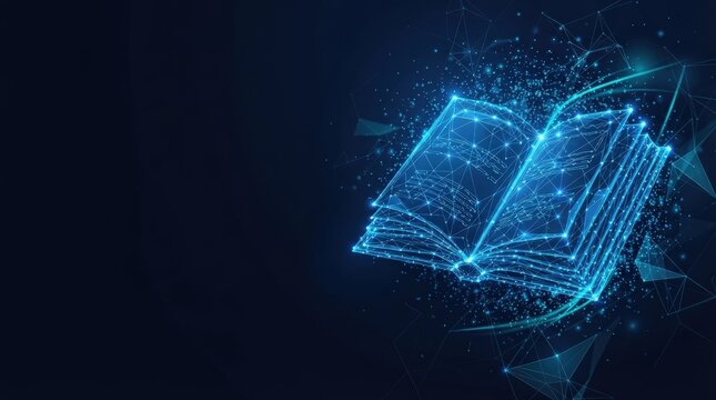 Illuminated open book surrounded by glowing geometric lines and dots on dark backdrop, futuristic digital design, studio lighting, evoking innovation and knowledge exchange.