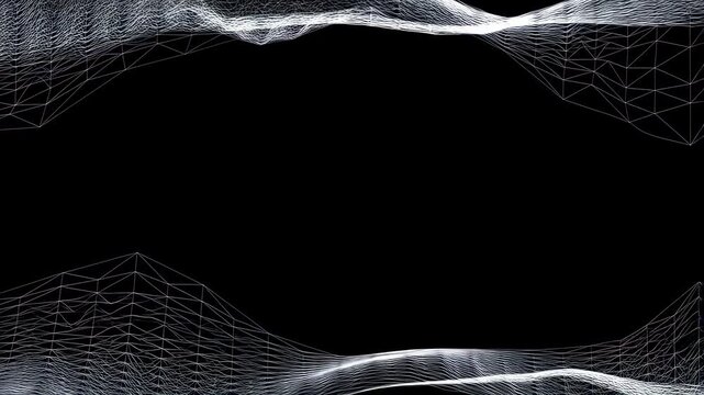 Black and white wireframe mesh flows and undulates in wave patterns over a dark digital space. Layered black and white tones enhance movement and depth.