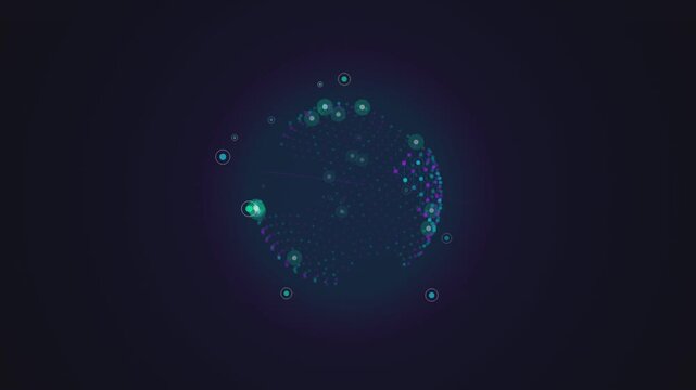 Digital sphere interface spinning with glowing light dots and connected nodes in dark space motion.