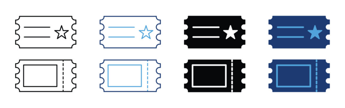 Ticket Icon Set - Admission, Event Pass, Coupon, Cinema Ticket Outline and Filled Vector Collection