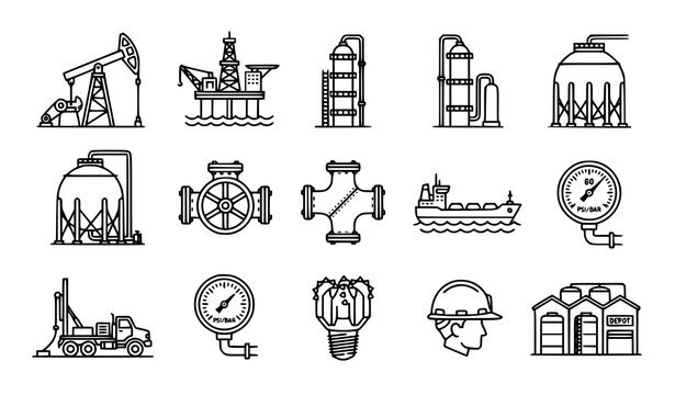 Heavy oil industry extraction line icon set for petroleum refinery engineering website and gas energy sector UI