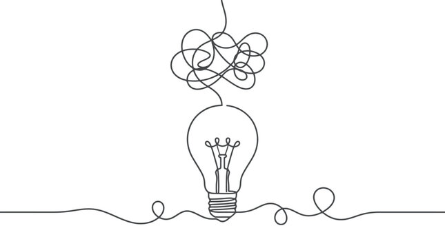 Continuous line drawing of a light bulb with tangled wire representing a complex idea.