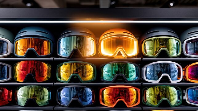 Wall of ski goggles in dark store with one pair glowing golden