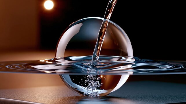 Water stream pouring into glass sphere creating ripples and bubbles