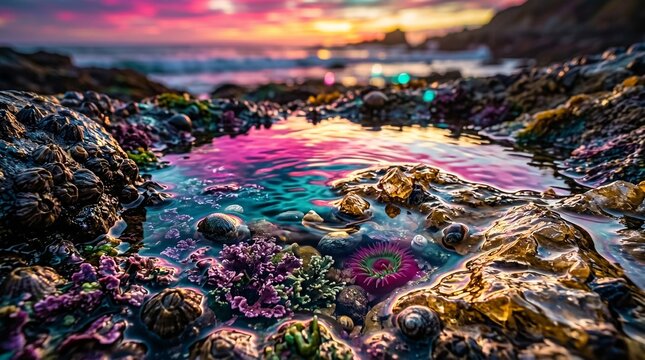 Close up of a colorful tide pool with sea anemone and shells reflecting a vibrant sunset sky