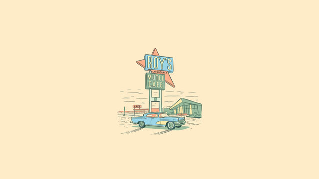 Nostalgic retro illustration featuring a classic blue vintage car parked in front of a historic roadside motel and cafe neon sign in the desert, mid-century modern Americana aesthetic.