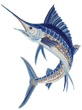 Stitched Embroidery Blue Marlin Fish Isolated On A White Background With Detailed Textured Surface