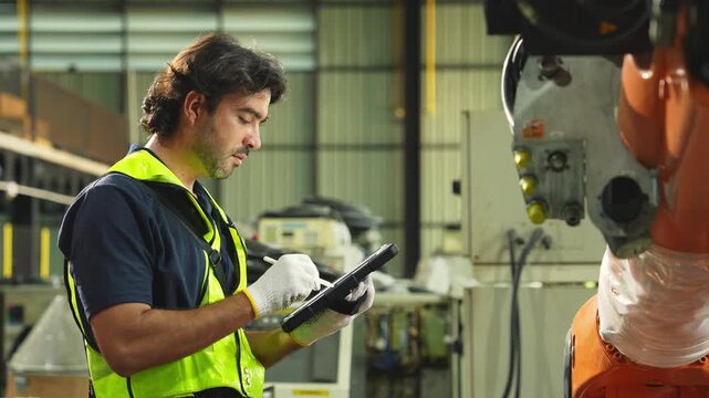 Industrial engineer inspecting a robotic arm machine in an automated manufacturing factory, robotics, automation, smart manufacturing, machine maintenance, quality control and Industry 4.0 technology.