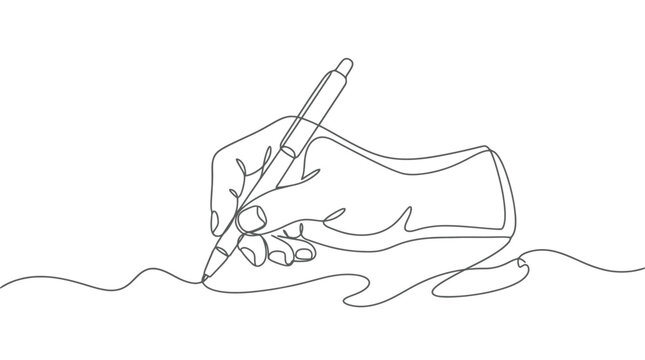 Continuous line drawing of a hand holding a pen writing on a surface.