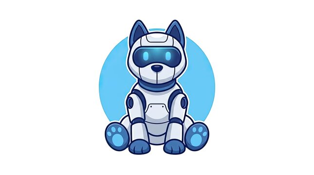 Cute robotic dog mascot sitting on blue circle.