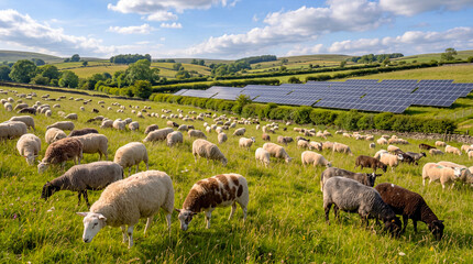 Fototapeta premium Flock of sheep grazing on lush green hills beside solar panels, blending agriculture, renewable energy, and sustainability