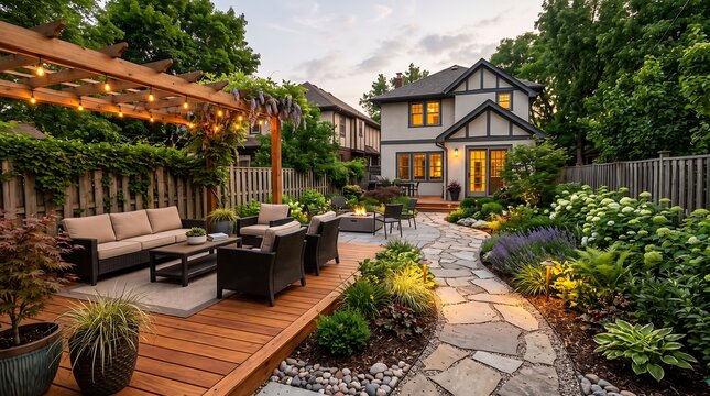 Modern backyard patio with cozy seating and lush greenery at a stylish home